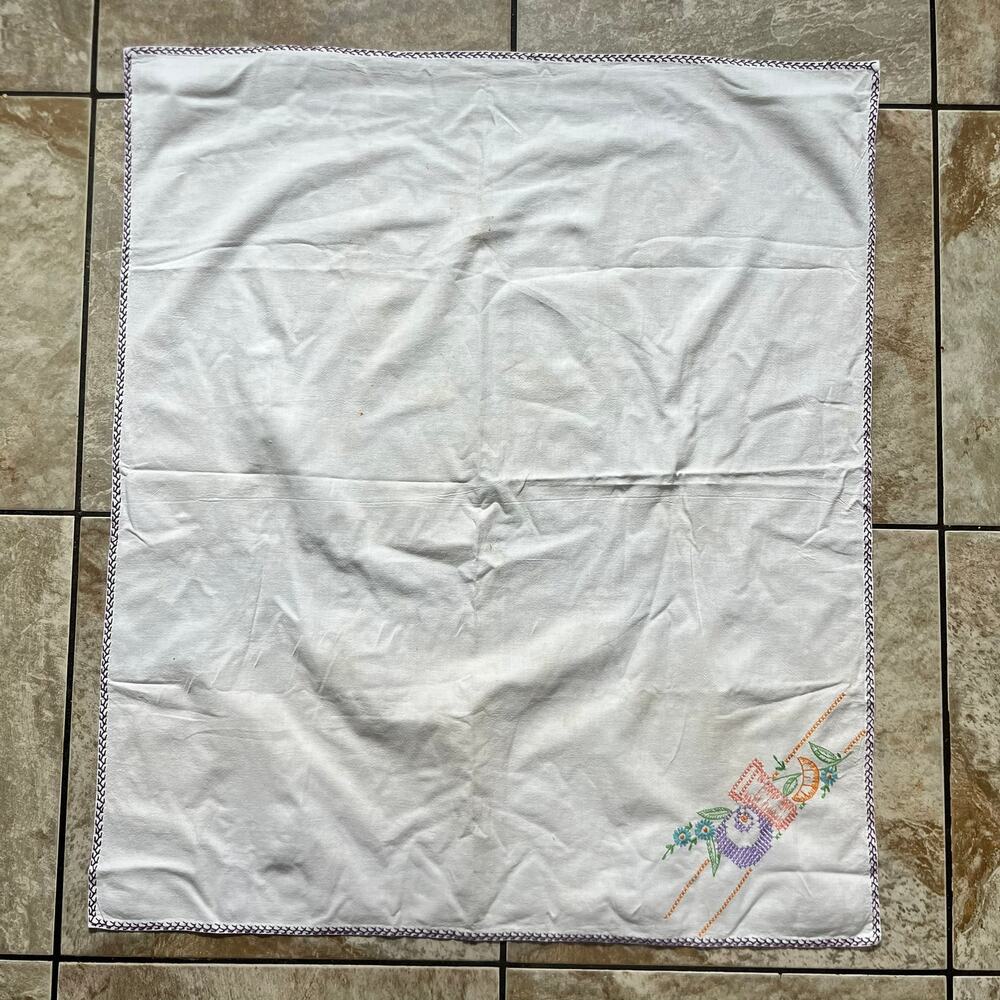 Vintage Embroidered Tea Towel Table Cover Floral Basket 1950s Purple Trim Decor